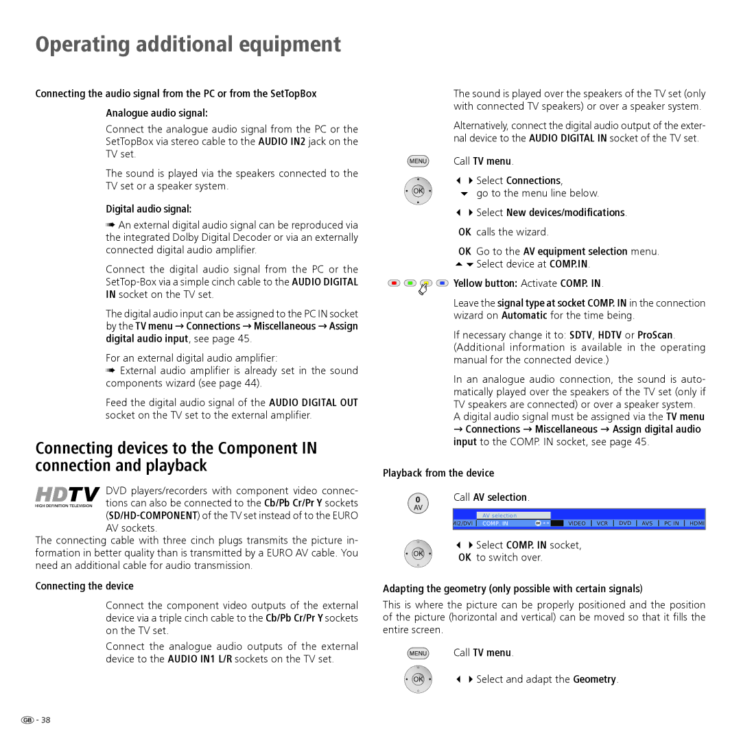 Loewe 46, 40 manual AV sockets, Digital audio signal must be assigned via the TV menu, 34Select and adapt the Geometry 