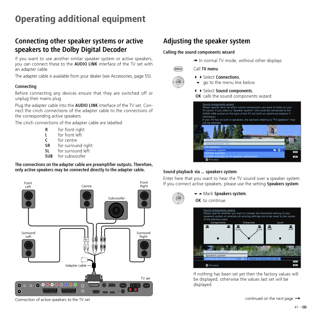 Loewe 46, 40 manual Adjusting the speaker system, Calling the sound components wizard, 34Select Sound components 