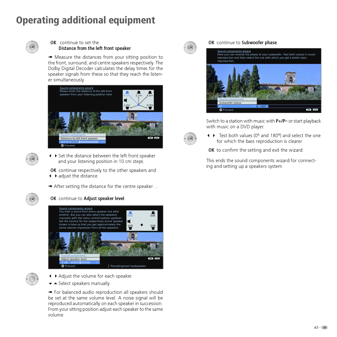 Loewe 46, 40 manual OK continue to set, Distance from the left front speaker, OK continue to Adjust speaker level 