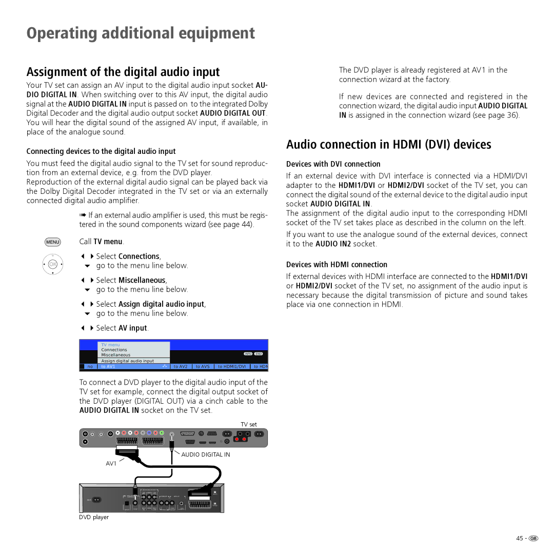 Loewe 46, 40 manual Assignment of the digital audio input, Audio connection in Hdmi DVI devices 