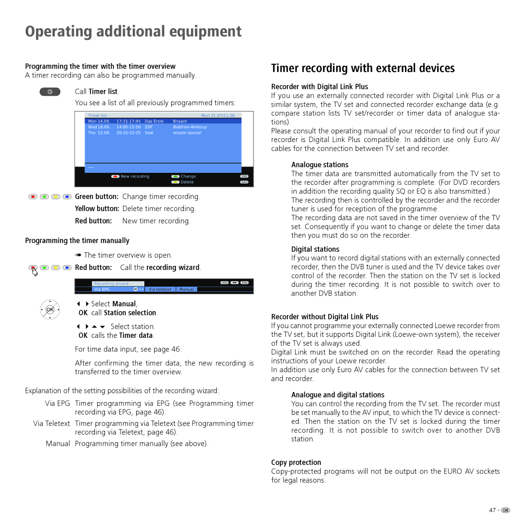 Loewe 46, 40 manual Timer recording with external devices 