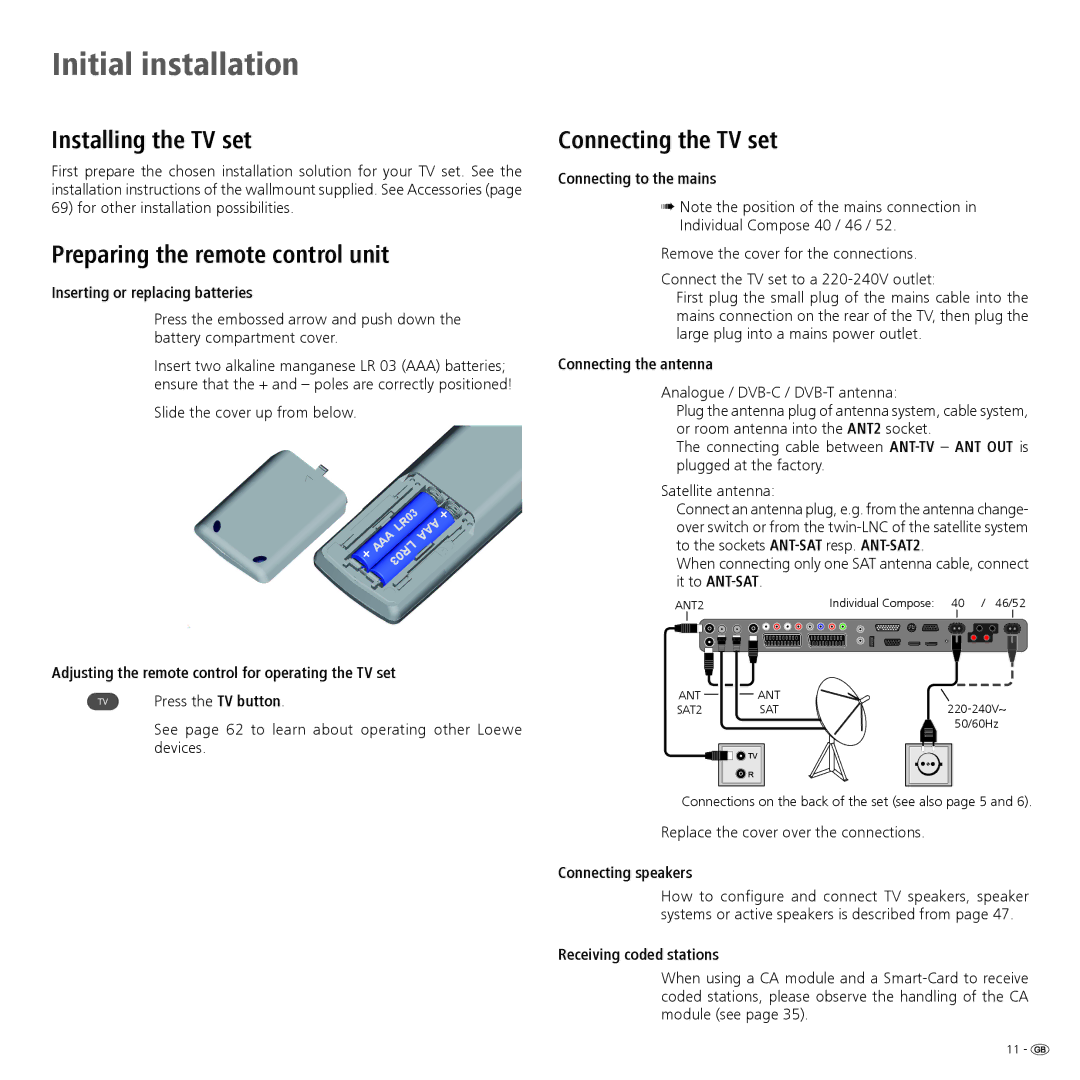 Loewe 52 manual Initial installation, Installing the TV set, Preparing the remote control unit, Connecting the TV set 