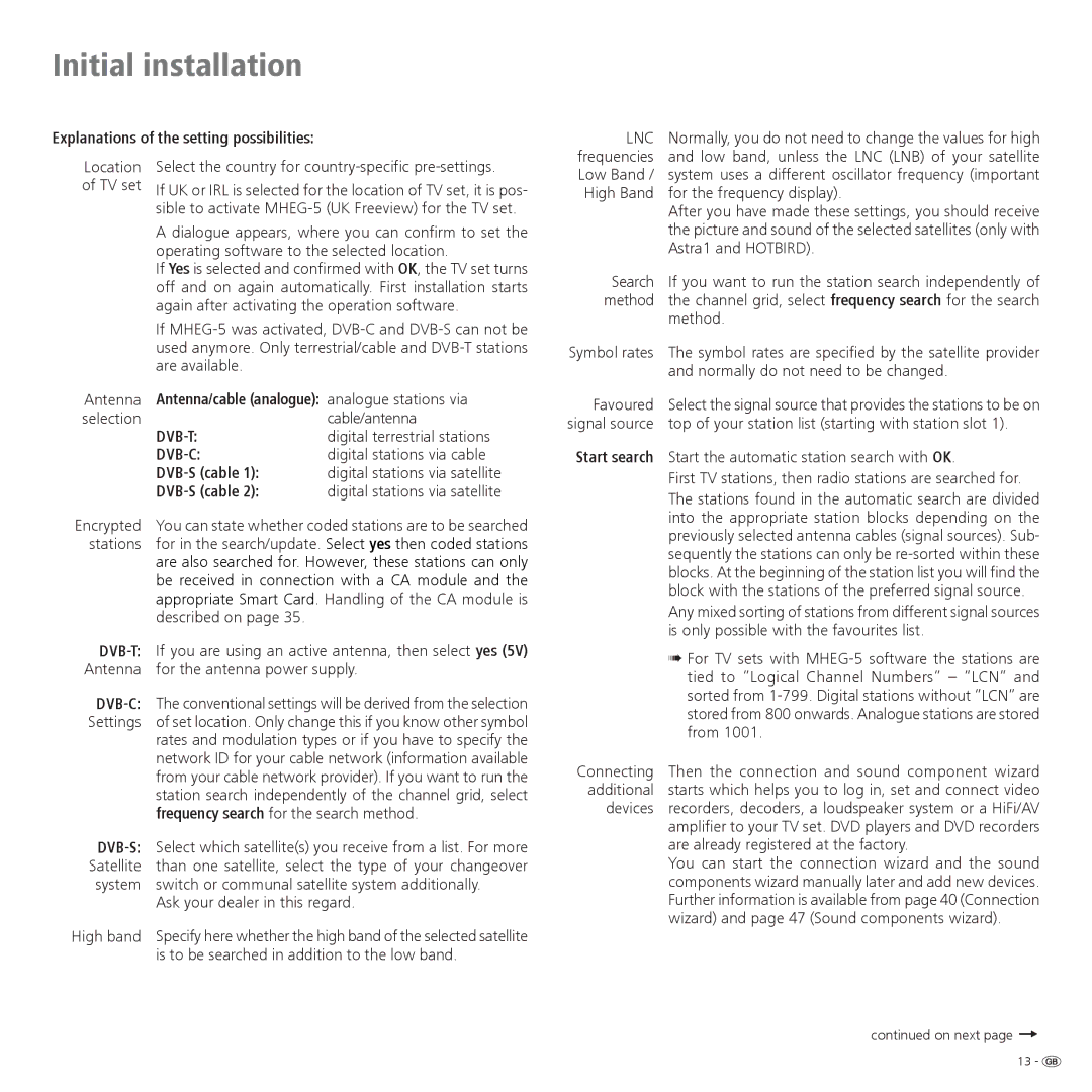 Loewe 52 manual Explanations of the setting possibilities, Antenna/cable analogue analogue stations via, DVB-S cable 