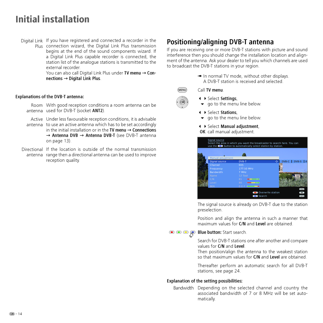 Loewe 52 Positioning/aligning DVB-T antenna, Explanations of the DVB-T antenna, Call TV menu, Blue button Start search 