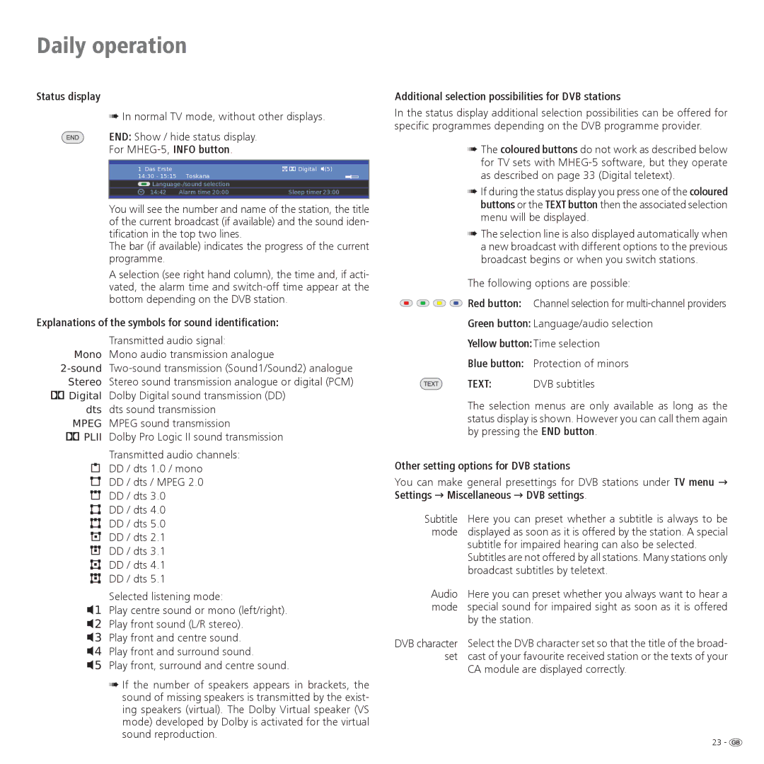 Loewe 52 Status display, Explanations of the symbols for sound identification, Yellow button Time selection Blue button 