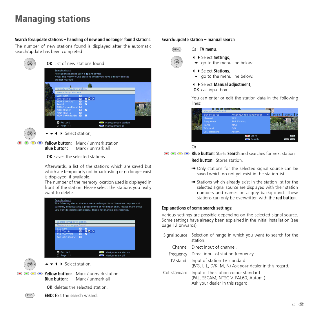 Loewe 52 Search/update station manual search Call TV menu, Station, Input of the station colour standard 