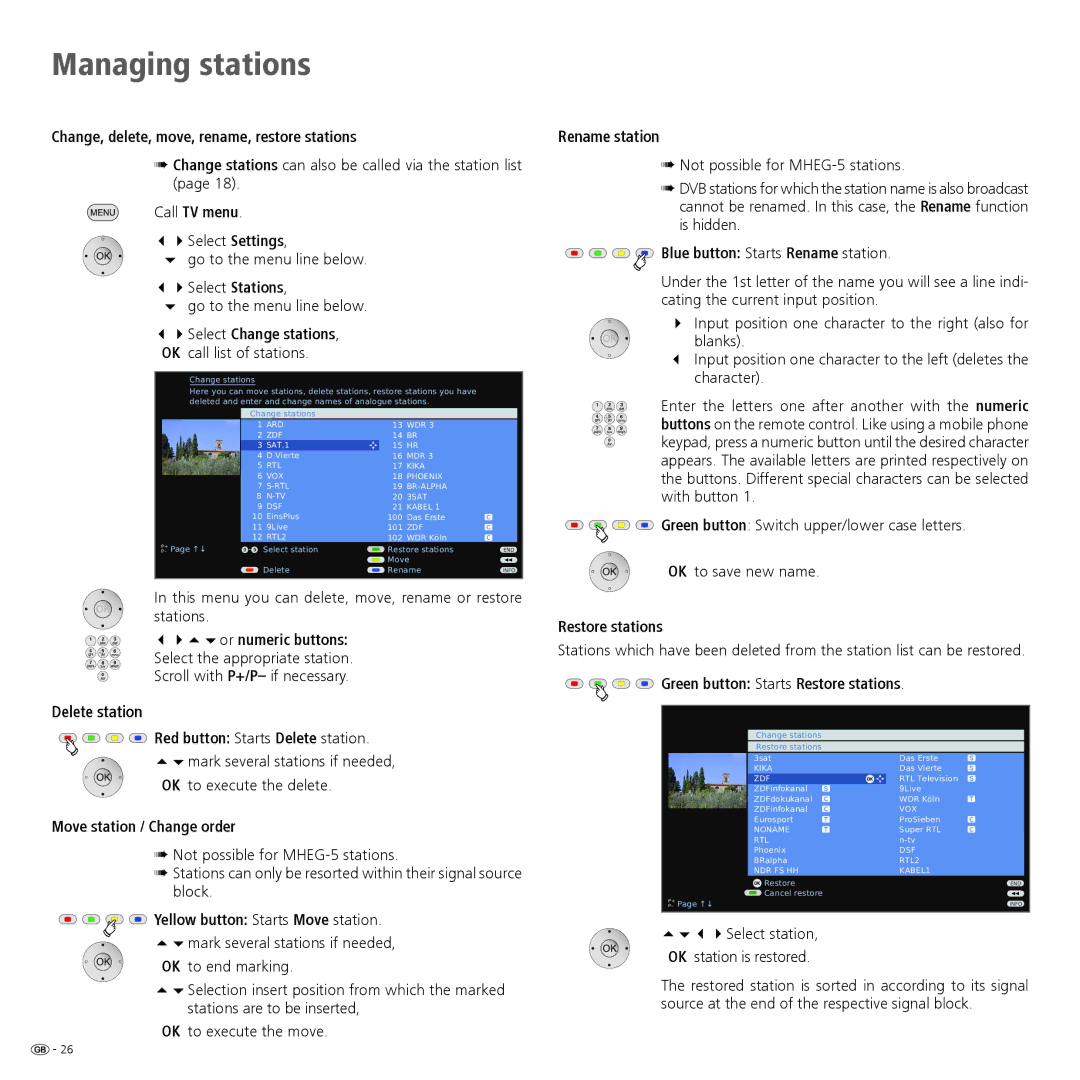 Loewe 52 Change, delete, move, rename, restore stations, Delete station Red button Starts Delete station, Rename station 