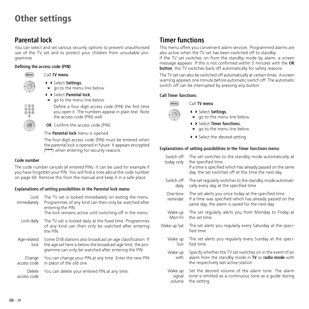 Loewe 52 manual Other settings, Parental lock, Timer functions 