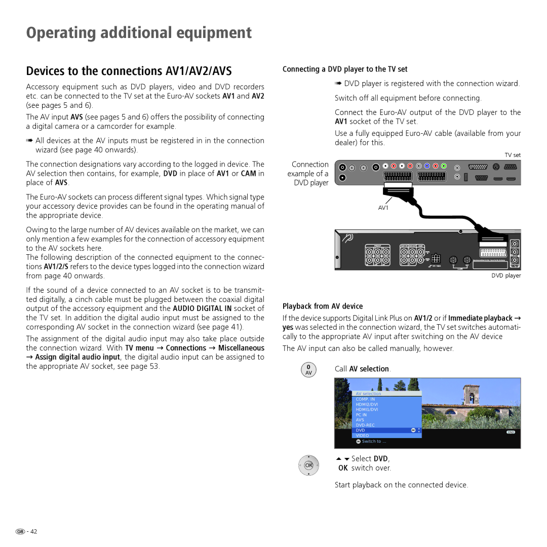 Loewe 52 Connecting a DVD player to the TV set, Playback from AV device, AV input can also be called manually, however 