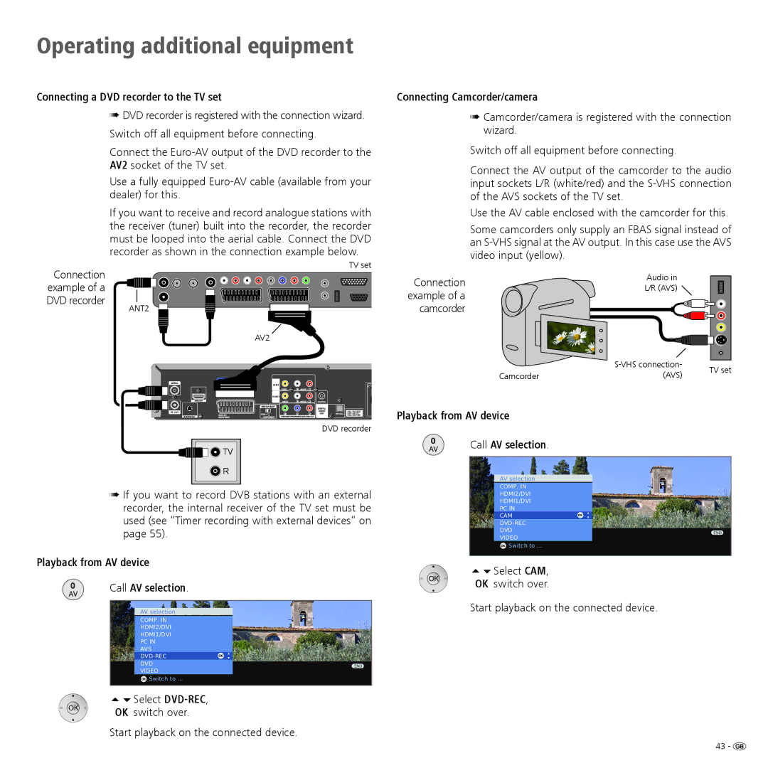 Loewe 52 Connecting a DVD recorder to the TV set, Connecting Camcorder/camera, Playback from AV device Call AV selection 