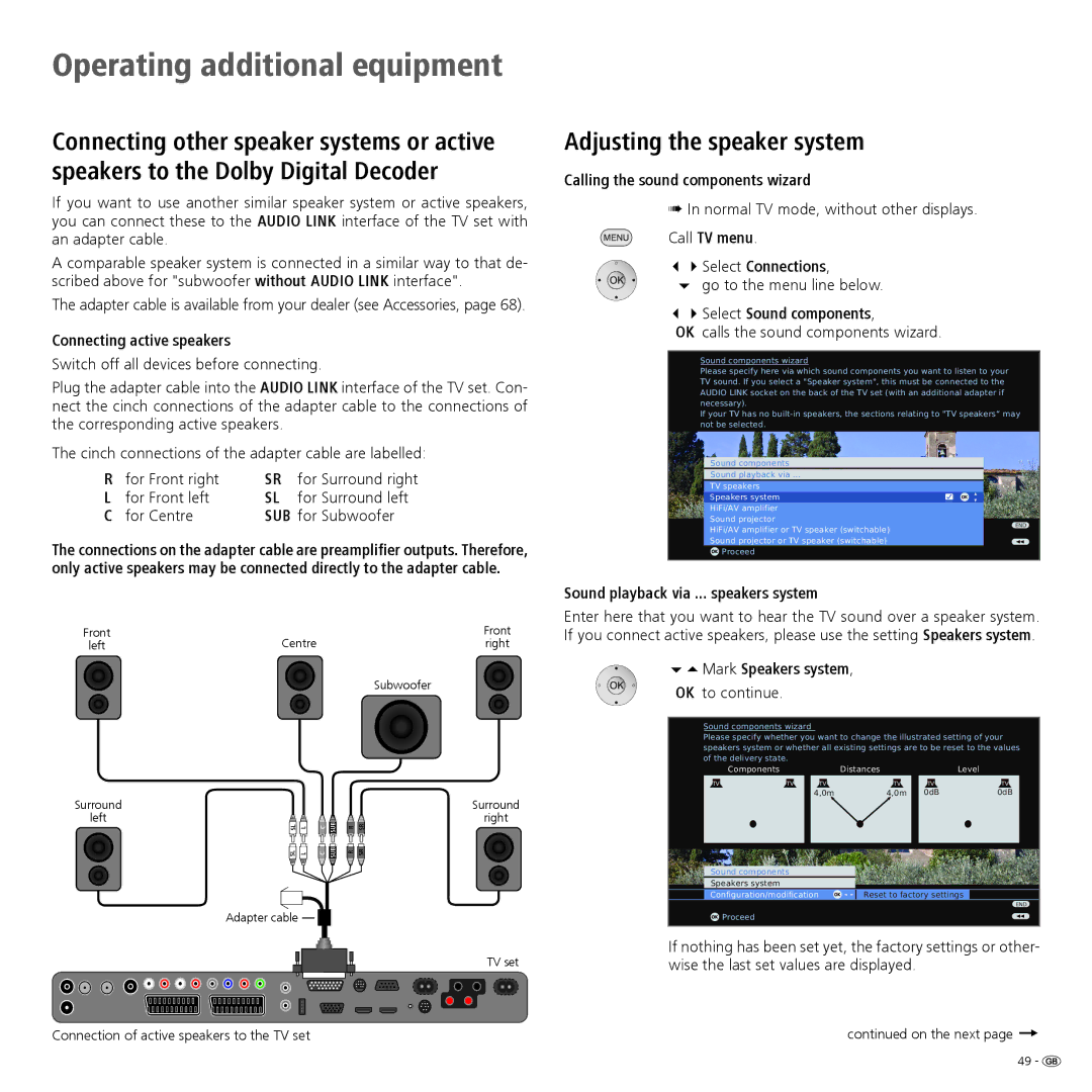 Loewe 52 manual Adjusting the speaker system 