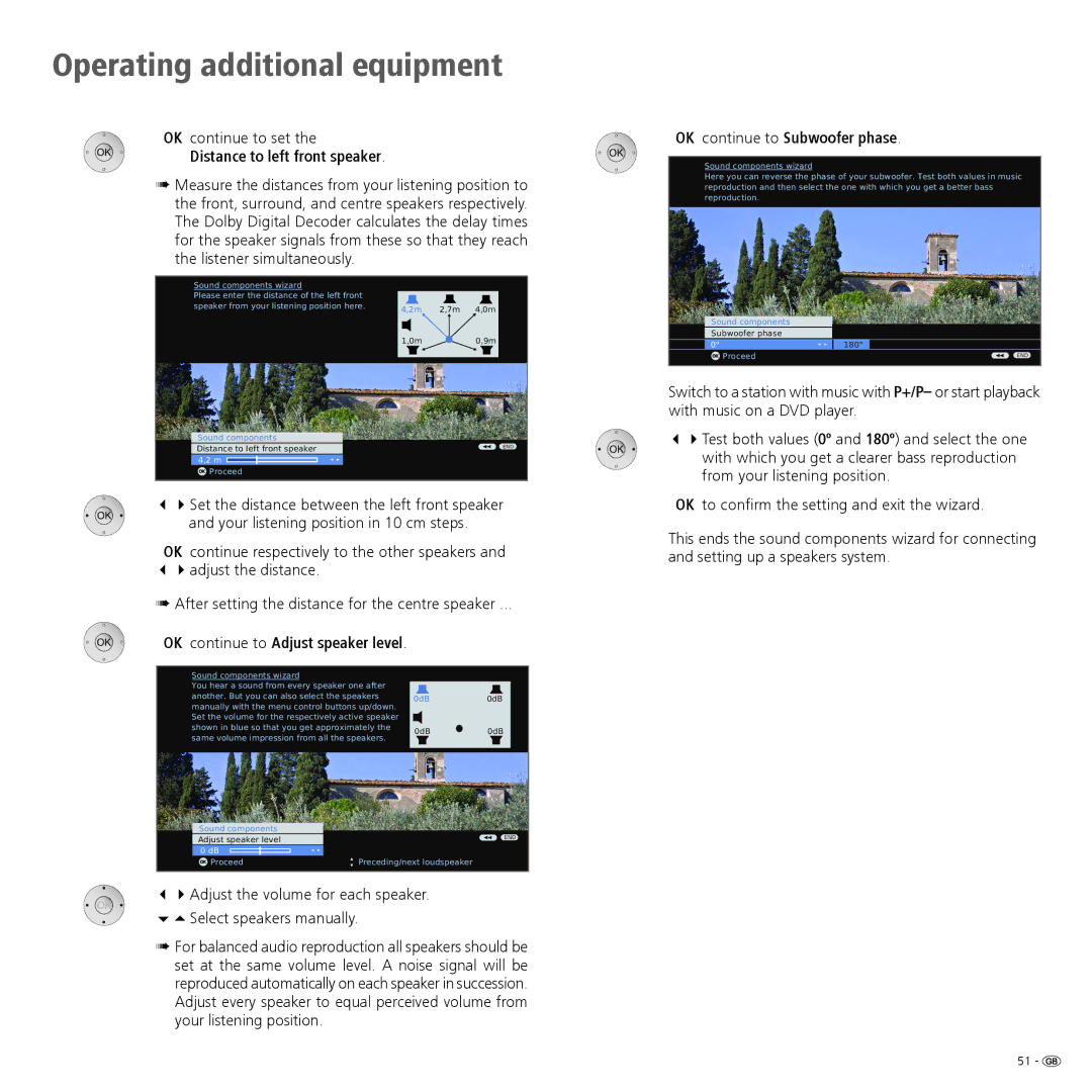 Loewe 52 manual OK continue to set, Distance to left front speaker, OK continue to Adjust speaker level 