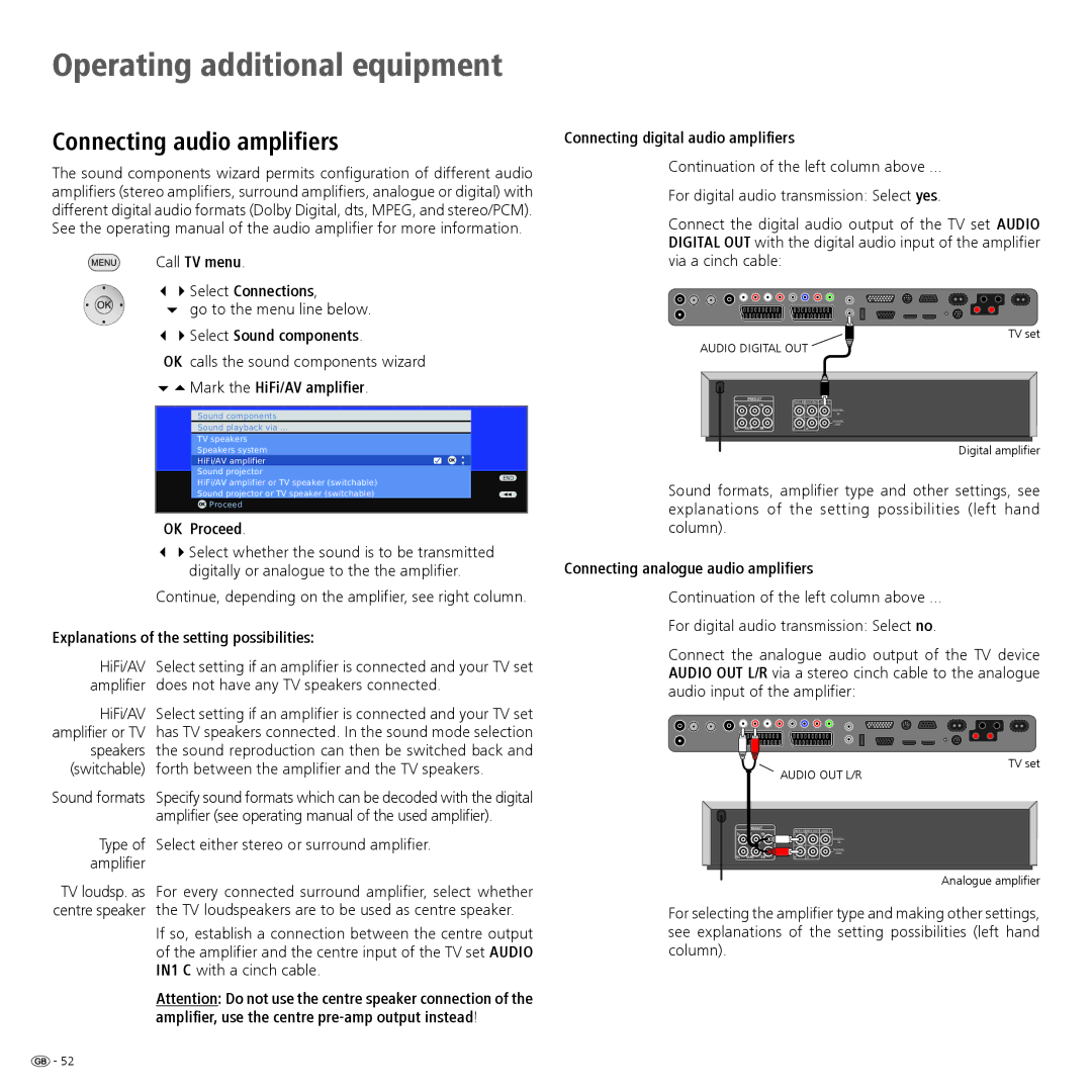 Loewe 52 manual Connecting audio amplifiers, Mark the HiFi/AV amplifier, Connecting digital audio amplifiers 