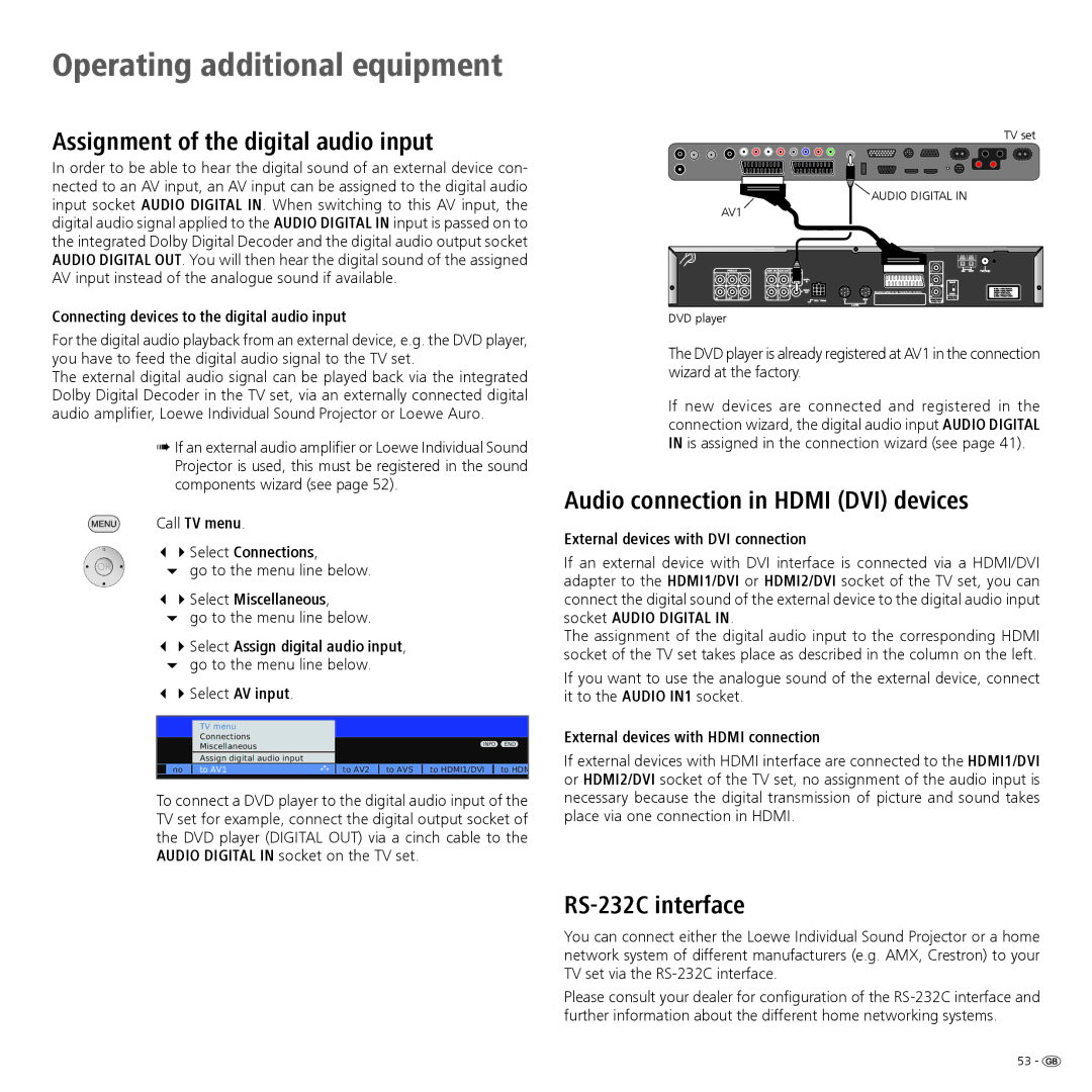 Loewe 52 manual Assignment of the digital audio input, Audio connection in Hdmi DVI devices, RS-232C interface 