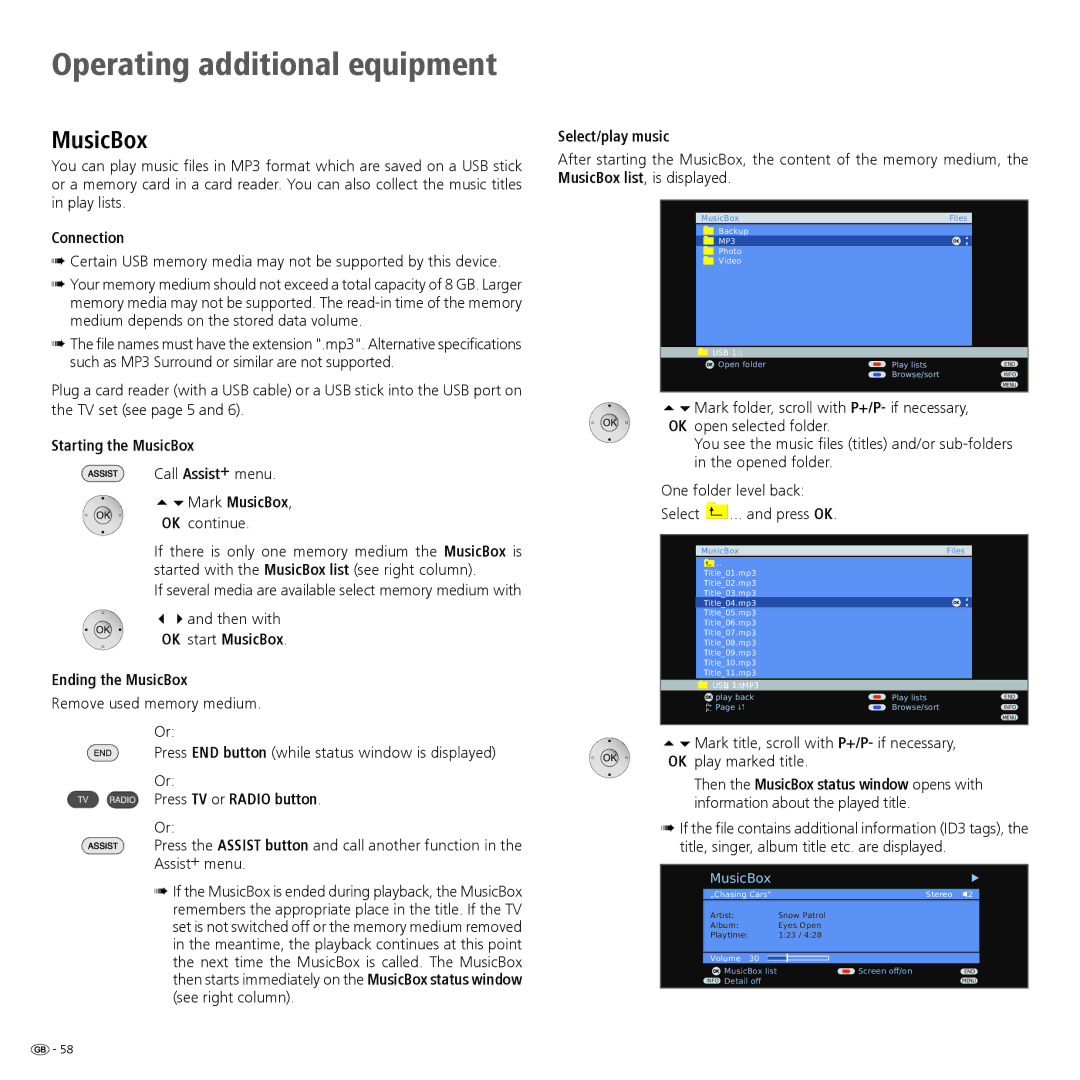 Loewe 52 manual Connection, Starting the MusicBox, Select/play music, OK start MusicBox Ending the MusicBox 