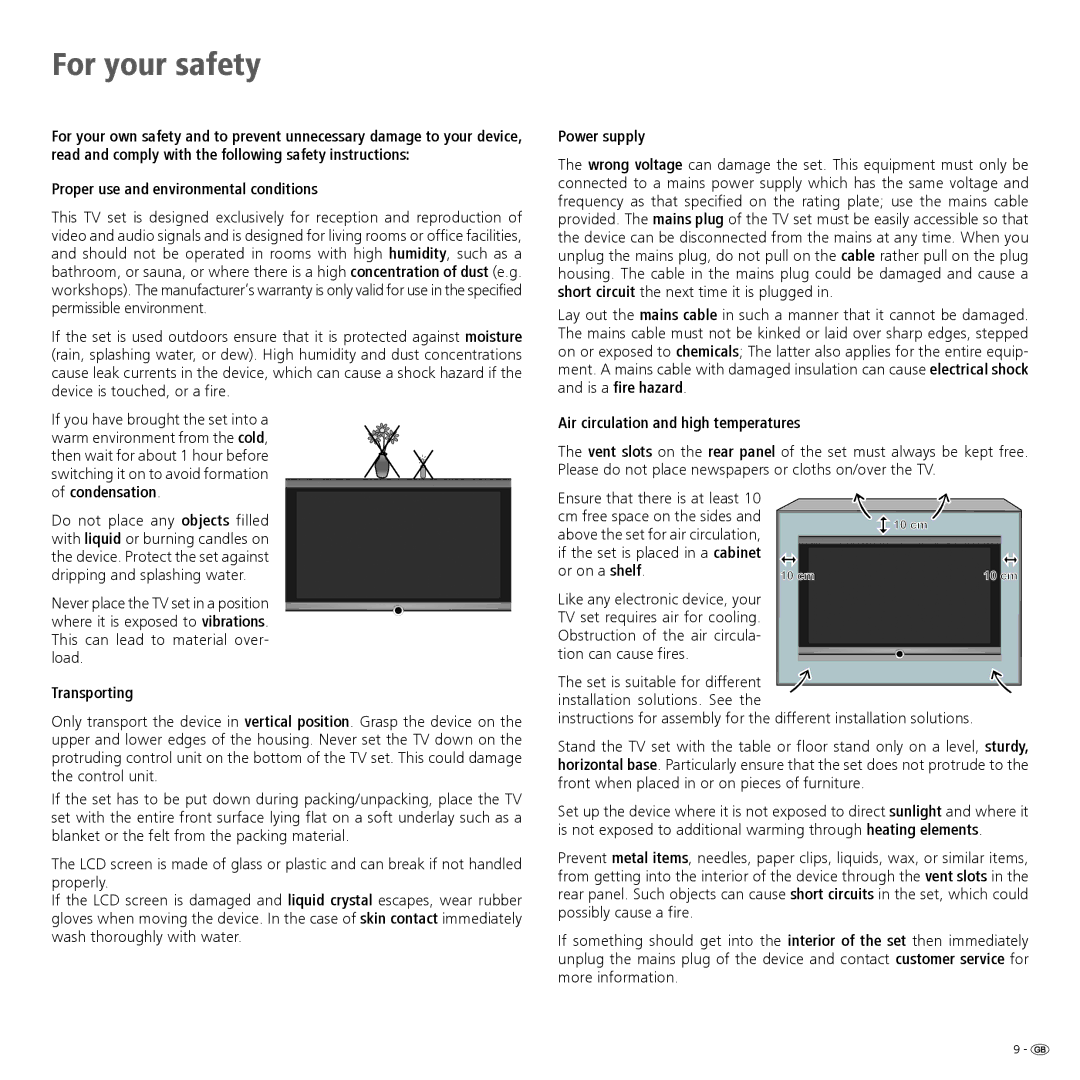 Loewe 52 manual For your safety, Proper use and environmental conditions, Transporting, Power supply 