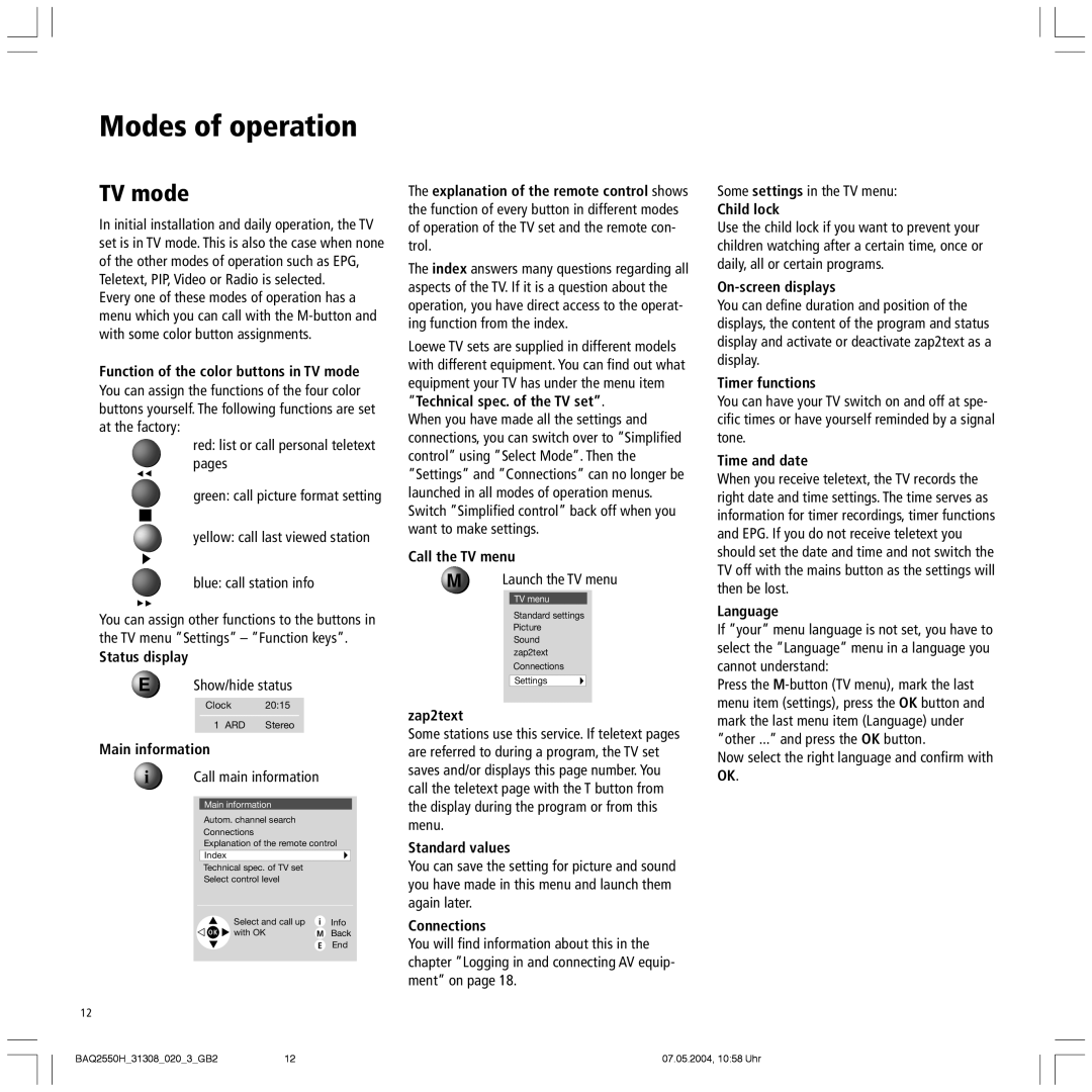 Loewe 9372, 9272, 9281 HD, 9381 HD manual Modes of operation, TV mode 