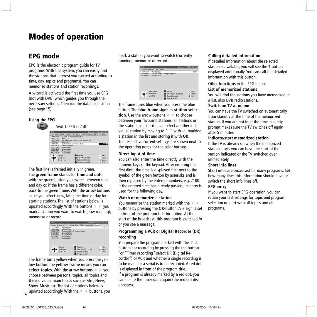 Loewe 9281 HD, 9372, 9272, 9381 HD manual EPG mode 