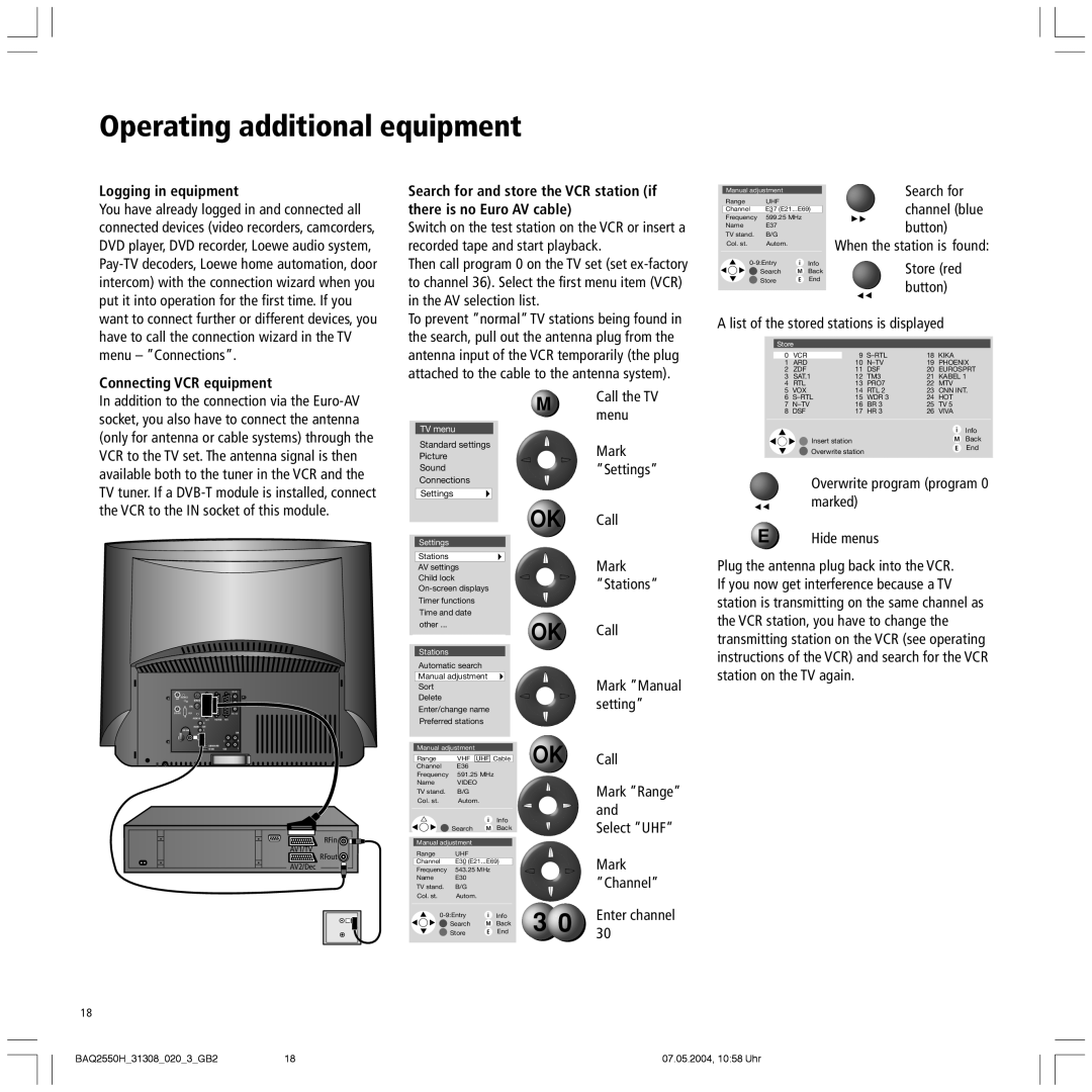 Loewe 9281 HD, 9372, 9272, 9381 HD manual Operating additional equipment, Logging in equipment 