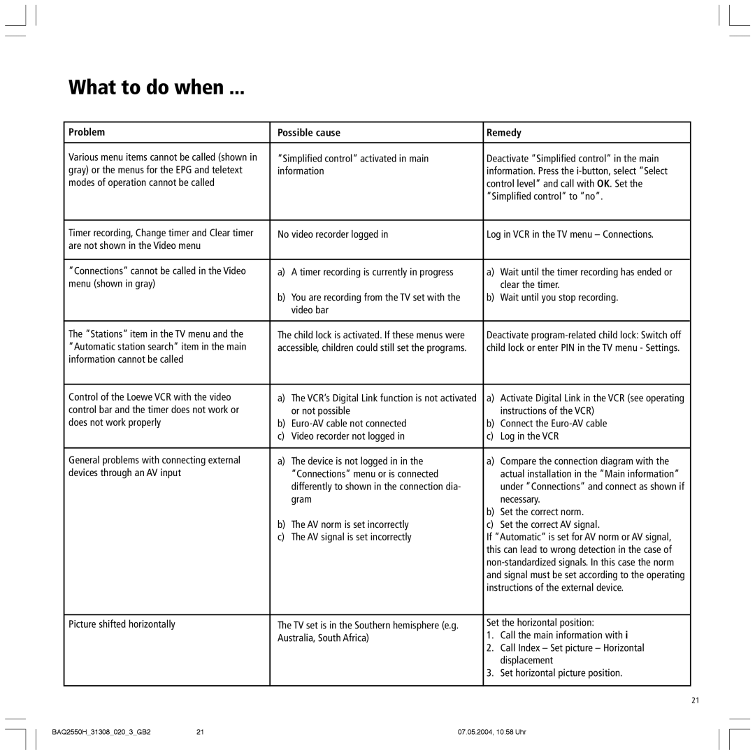 Loewe 9272, 9372, 9281 HD, 9381 HD manual What to do when, Problem Possible cause Remedy 