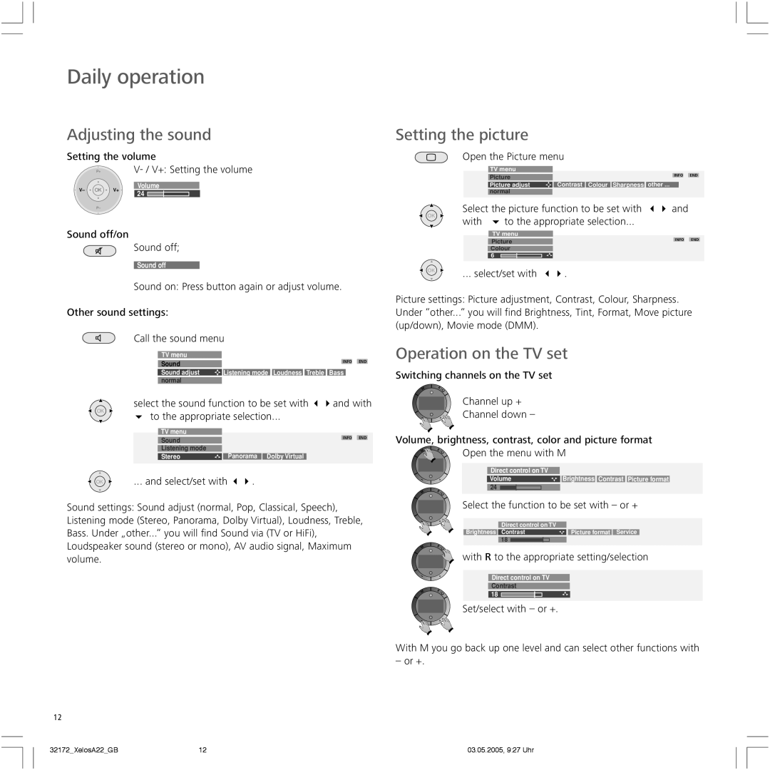 Loewe A 22 manual Adjusting the sound, Setting the picture, Operation on the TV set 