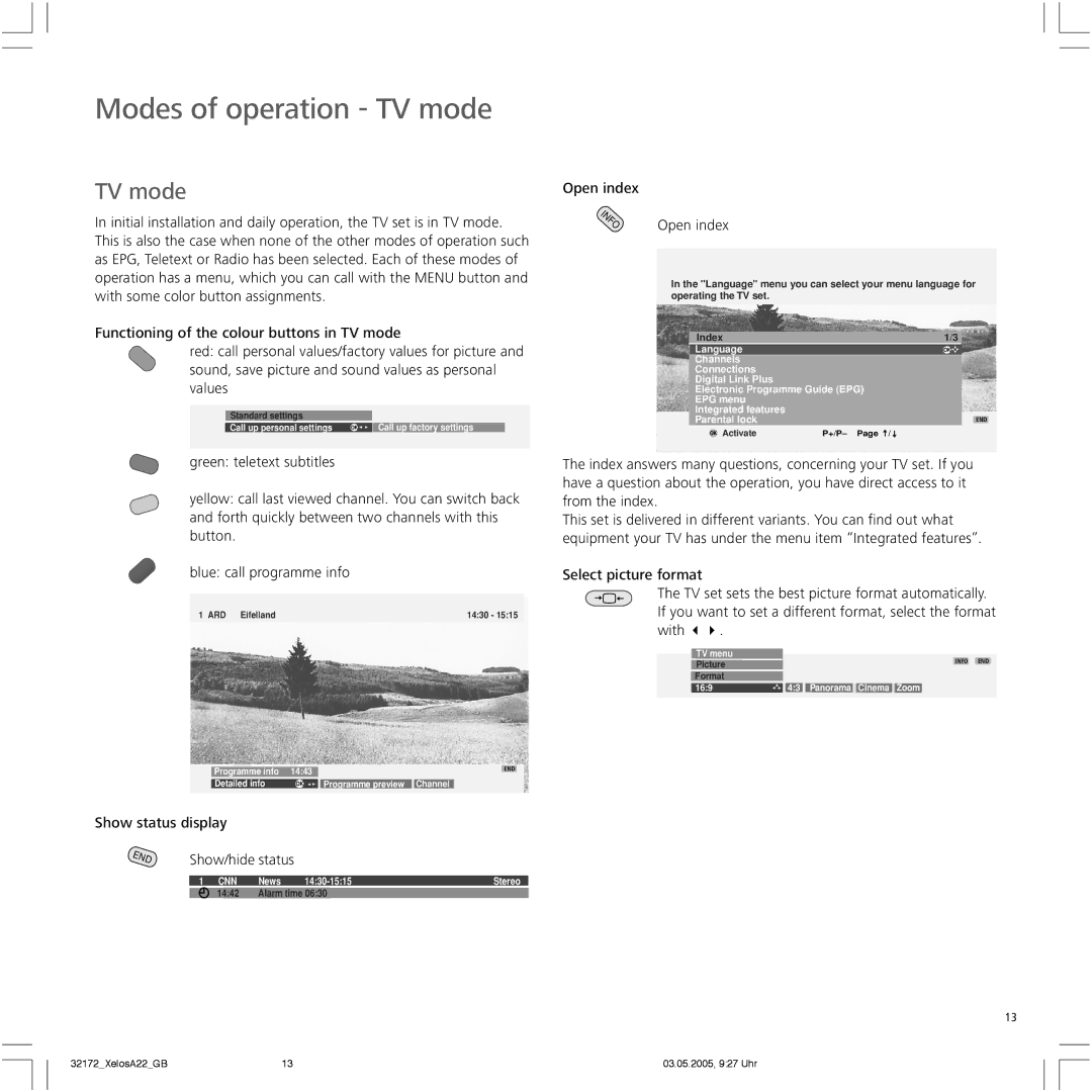 Loewe A 22 manual Modes of operation TV mode, Open index 