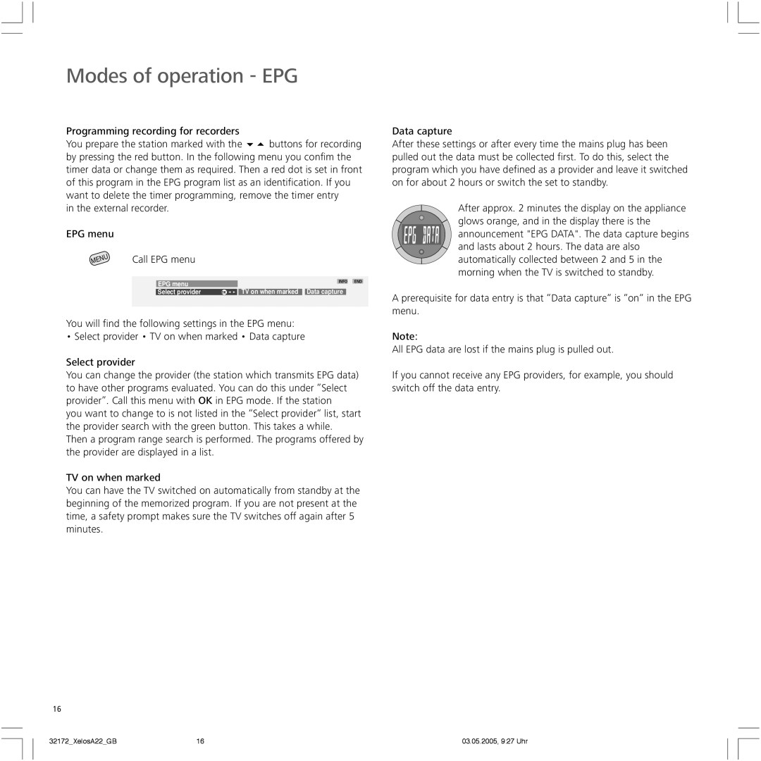 Loewe A 22 manual External recorder EPG menu Call EPG menu 