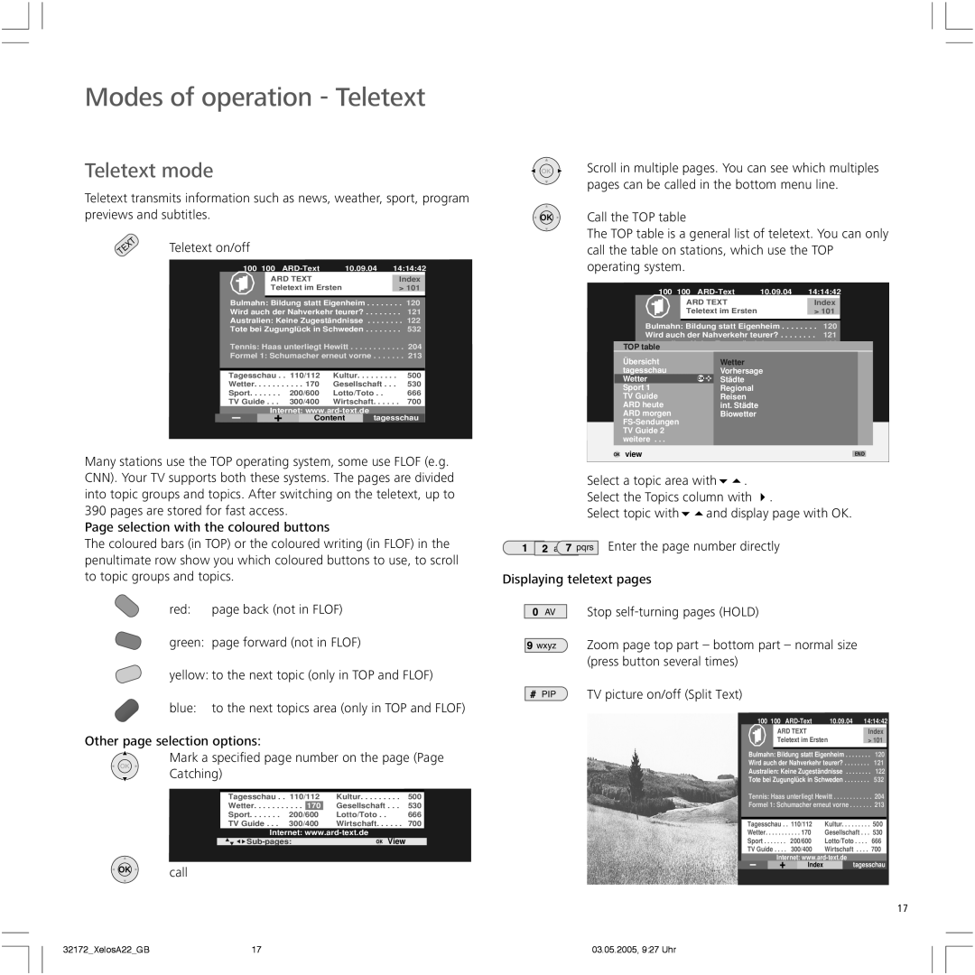 Loewe A 22 manual Modes of operation Teletext, Teletext mode 