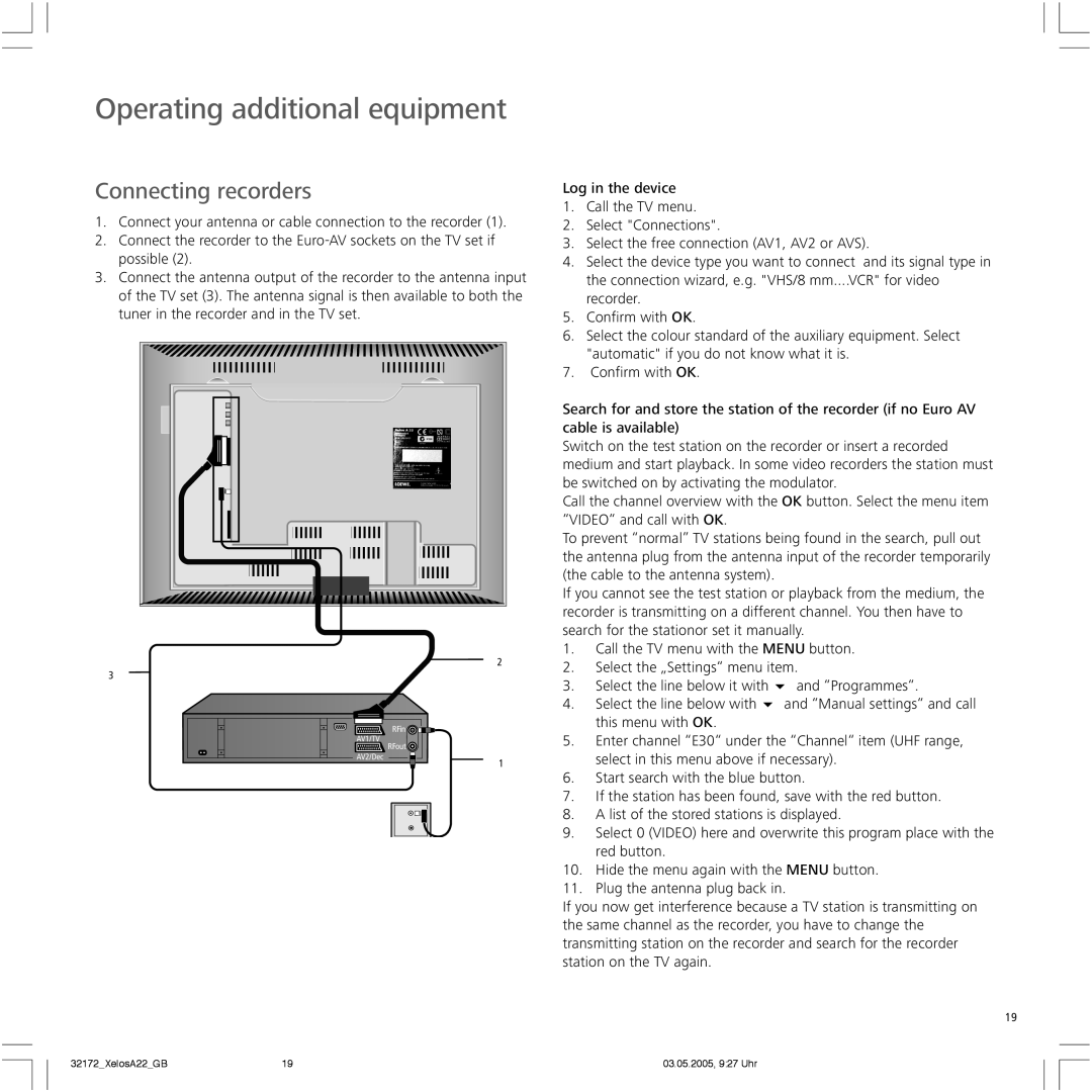 Loewe A 22 manual Operating additional equipment, Connecting recorders 