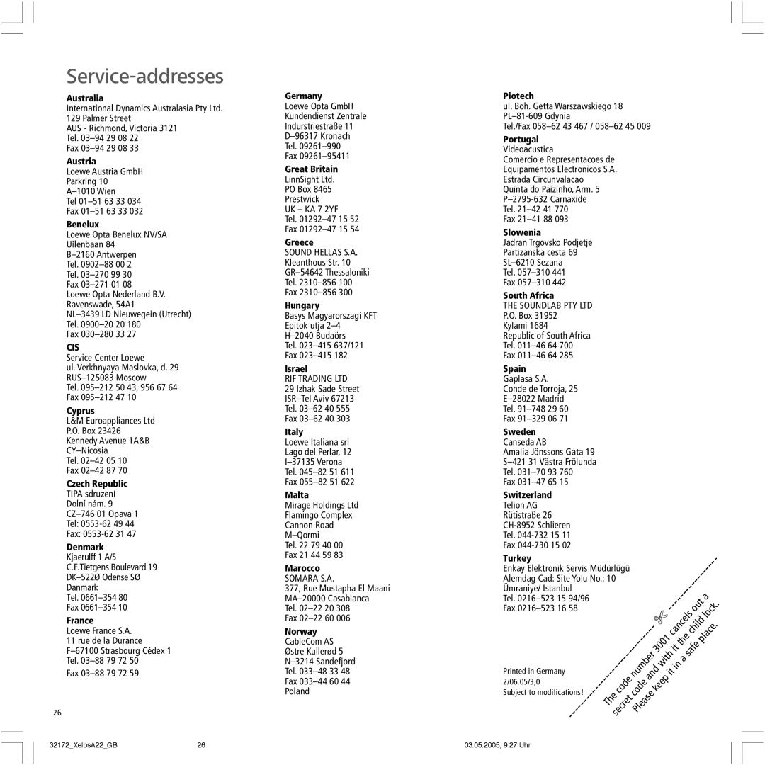 Loewe A 22 manual Service-addresses, Benelux 