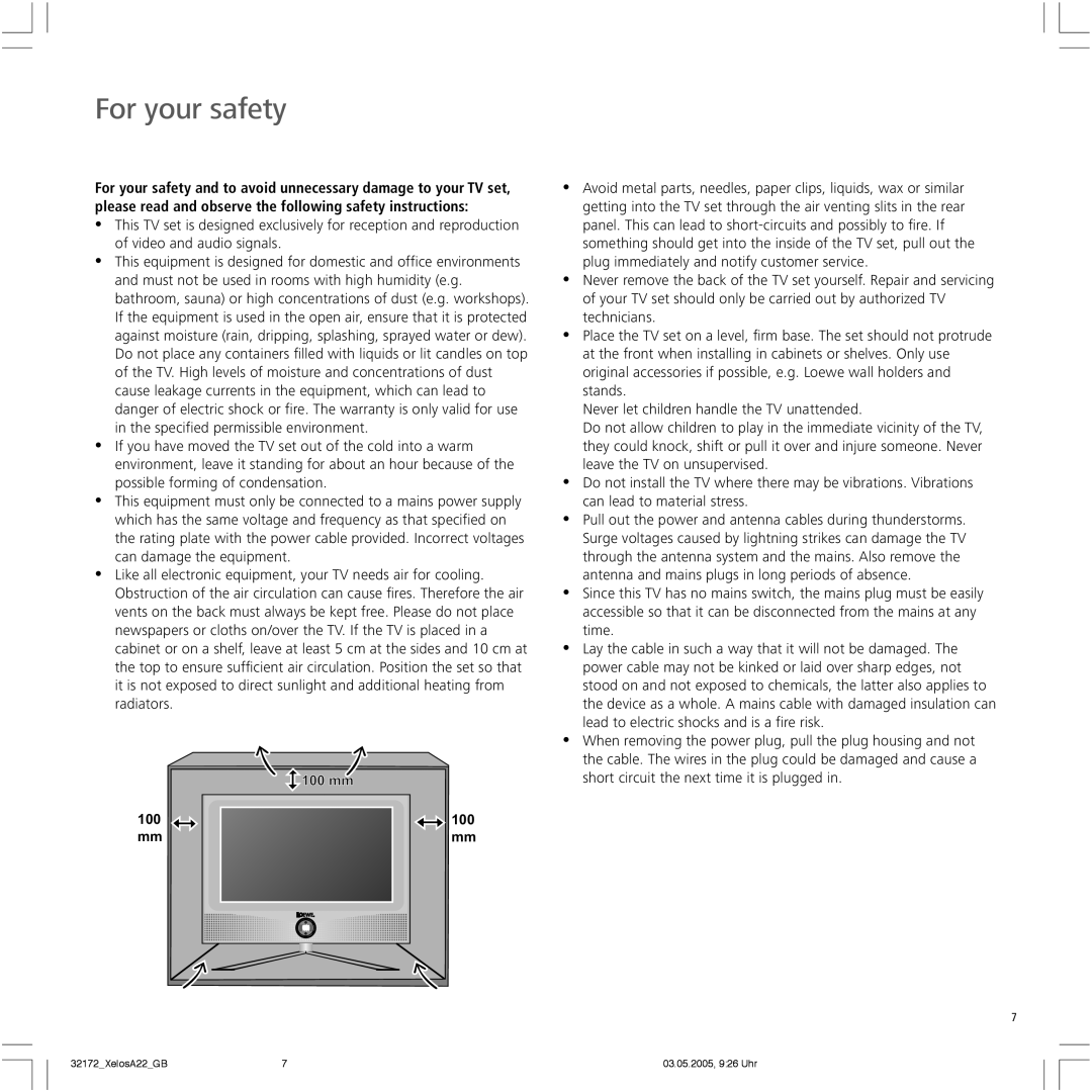 Loewe A 22 manual For your safety, 100 mm 