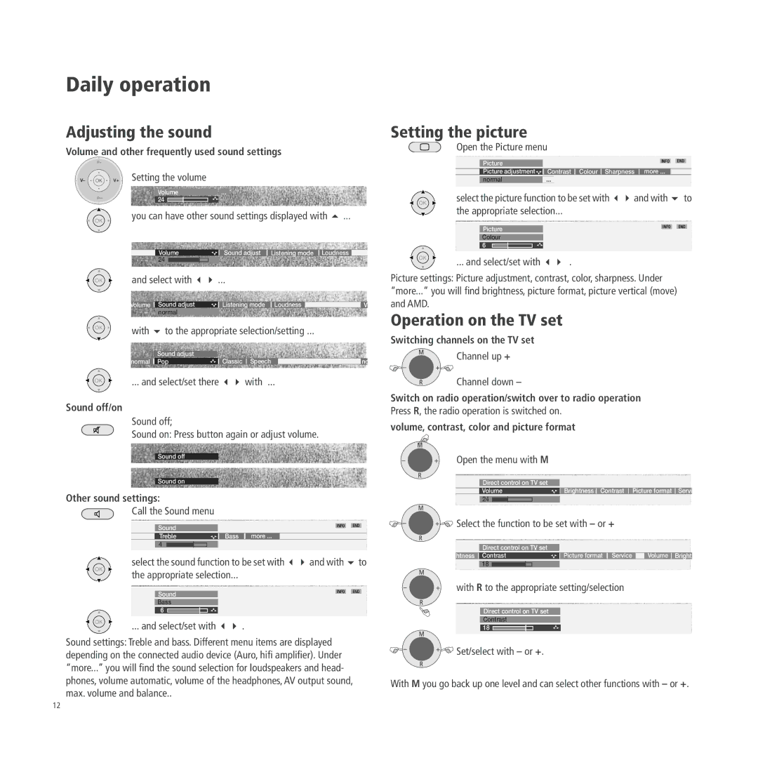 Loewe A 26, A 26 DVB-T, A 26 DVB-T CI Adjusting the sound, Setting the picture, Operation on the TV set 