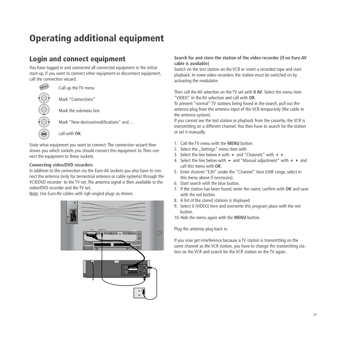 Loewe A 26, A 26 DVB-T, A 26 DVB-T CI operating instructions Operating additional equipment, Login and connect equipment 