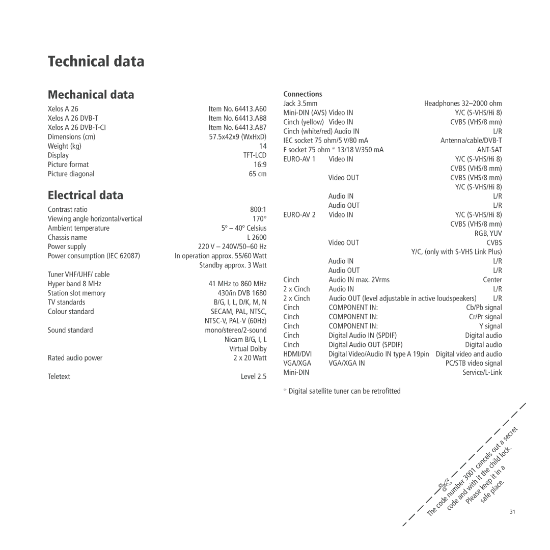 Loewe A 26, A 26 DVB-T, A 26 DVB-T CI operating instructions Technical data, Mechanical data, Electrical data, Connections 