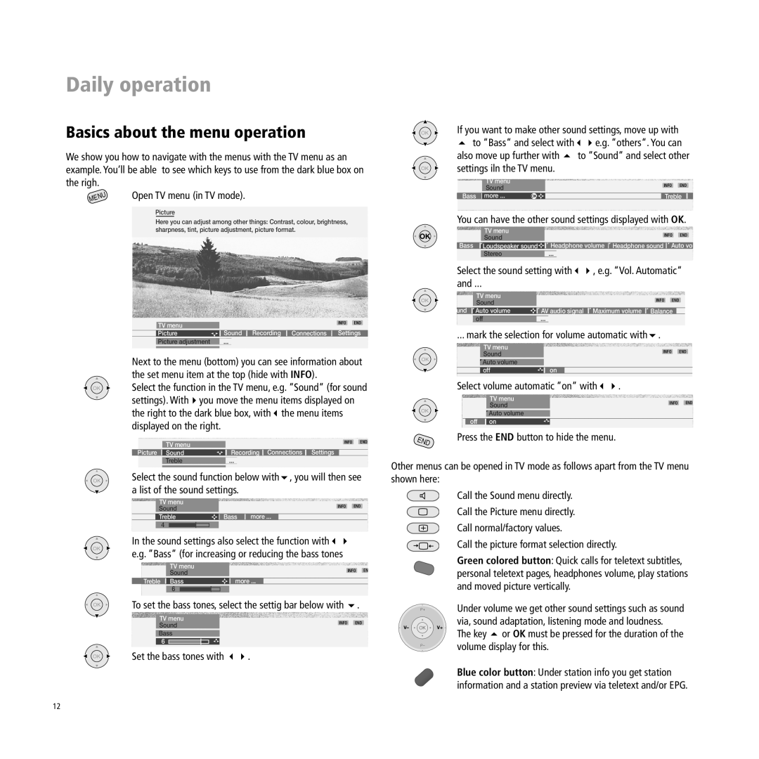 Loewe A 32, A 37 manual Basics about the menu operation, Set menu item at the top hide with Info, Settings iln the TV menu 