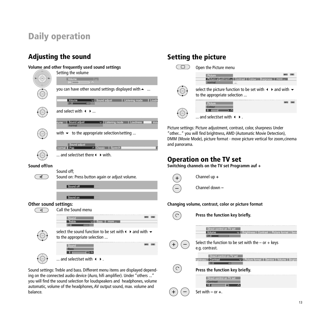 Loewe Xelos A 37, A 32, A 37 manual Adjusting the sound, Setting the picture, Operation on the TV set, Other sound settings 