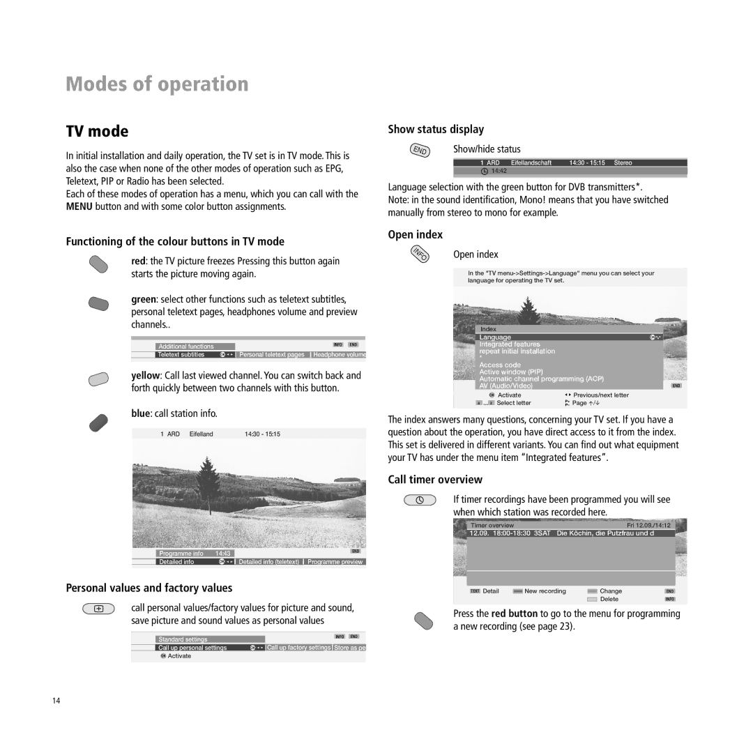 Loewe A 32, A 37, Xelos A 37 manual Modes of operation, TV mode 