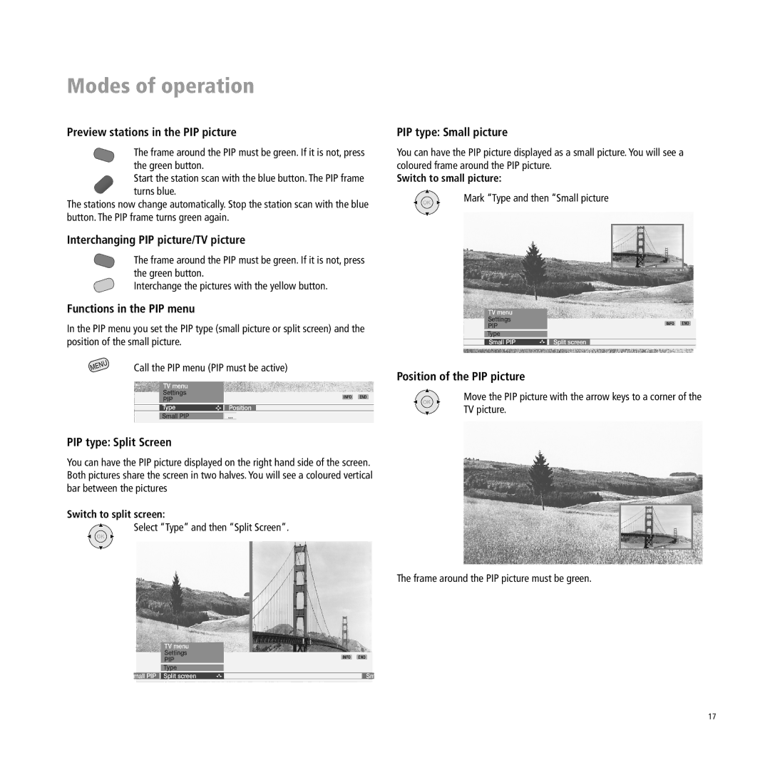 Loewe Xelos A 37 Preview stations in the PIP picture, Interchanging PIP picture/TV picture, Functions in the PIP menu 