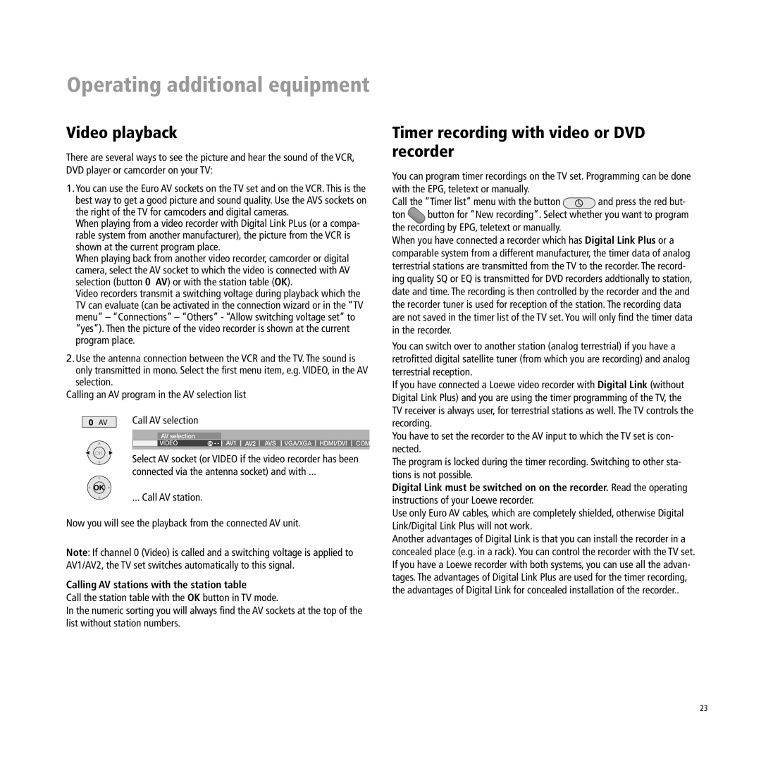 Loewe Xelos A 37 Video playback, Timer recording with video or DVD recorder, Calling AV stations with the station table 