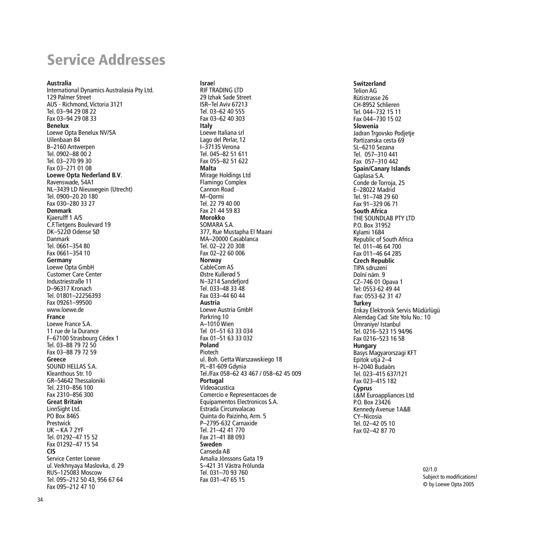 Loewe A 32, A 37, Xelos A 37 manual Service Addresses, Cis 