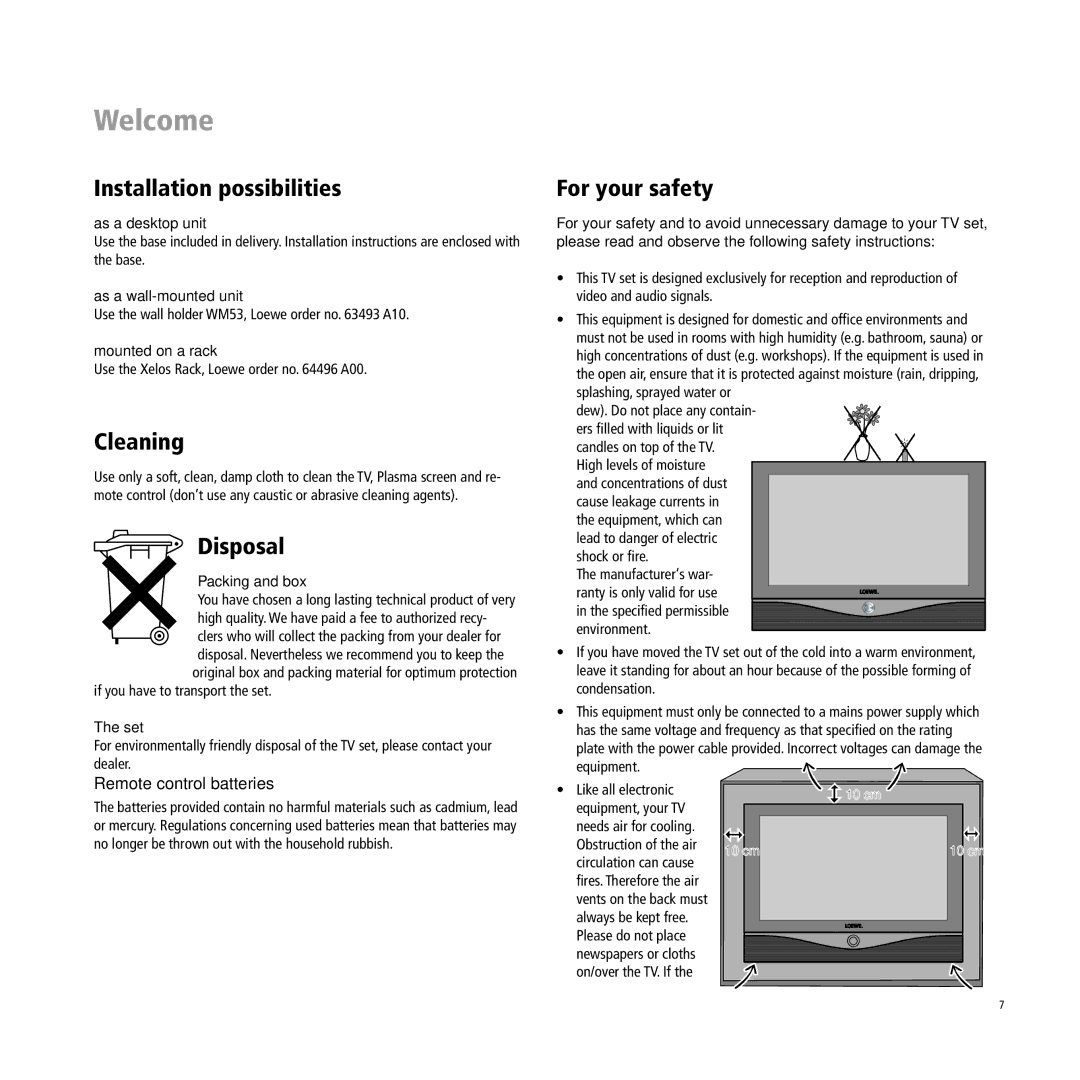 Loewe Xelos A 37, A 32, A 37 Installation possibilities, Cleaning, Disposal, For your safety, Remote control batteries 