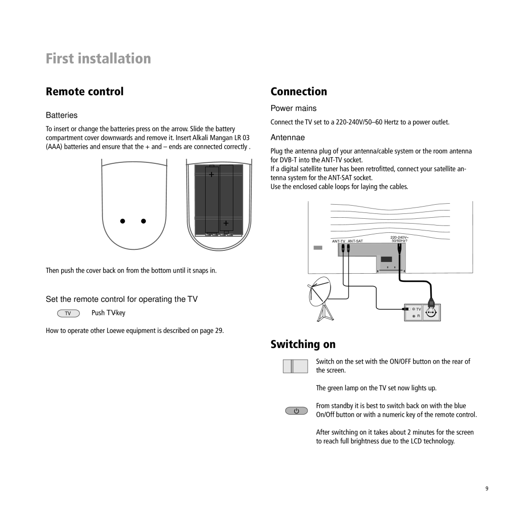 Loewe Xelos A 37, A 32, A 37 manual First installation, Remote control, Connection, Switching on 