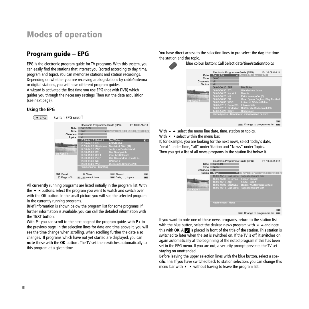 Loewe A 32, A 37, Xelos A 37 manual Program guide - EPG, Using the EPG, Modes of operation 