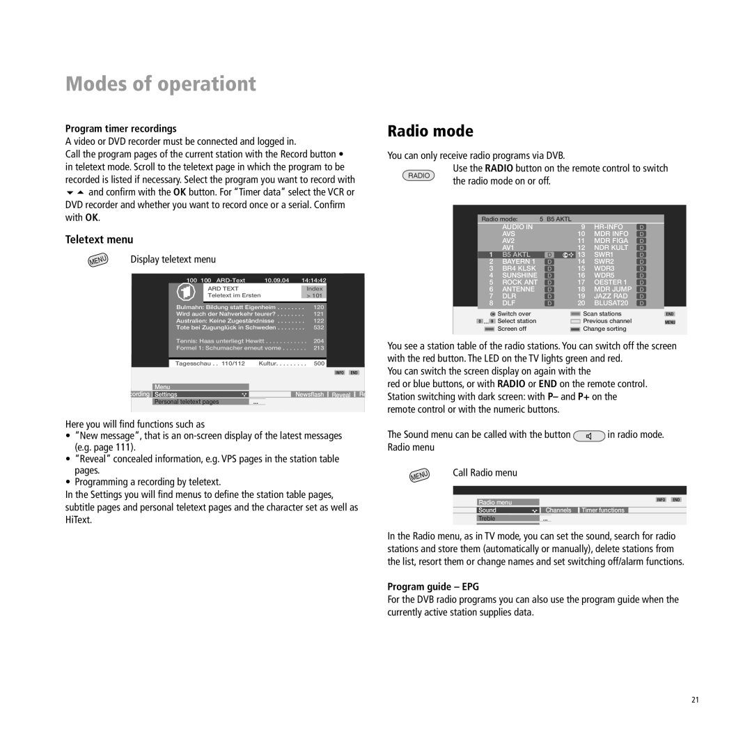 Loewe Xelos A 37 manual Modes of operationt, Radio mode, Teletext menu, Program timer recordings, Display teletext menu 