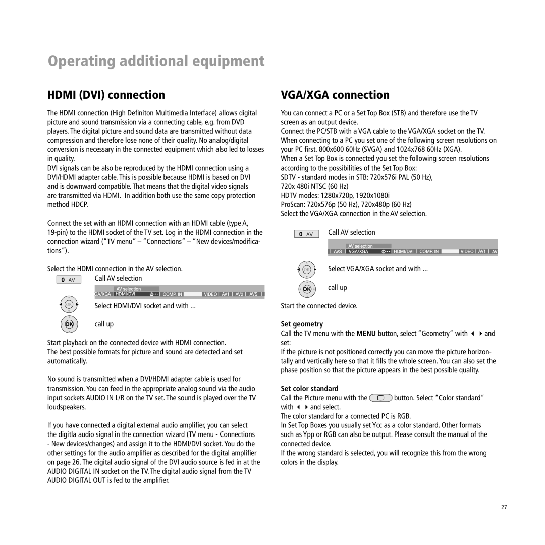 Loewe Xelos A 37, A 32, A 37 manual HDMI DVI connection, VGA/XGA connection, call up, Set geometry, Set color standard 