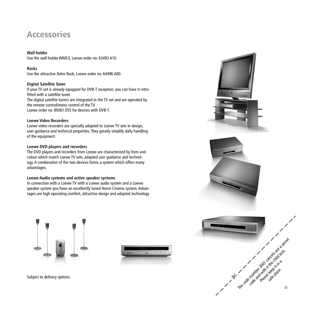 Loewe Xelos A 37, A 32, A 37 manual Accessories, Wall holder, Racks, Digital Satellite Tuner, Loewe Video Recorders 