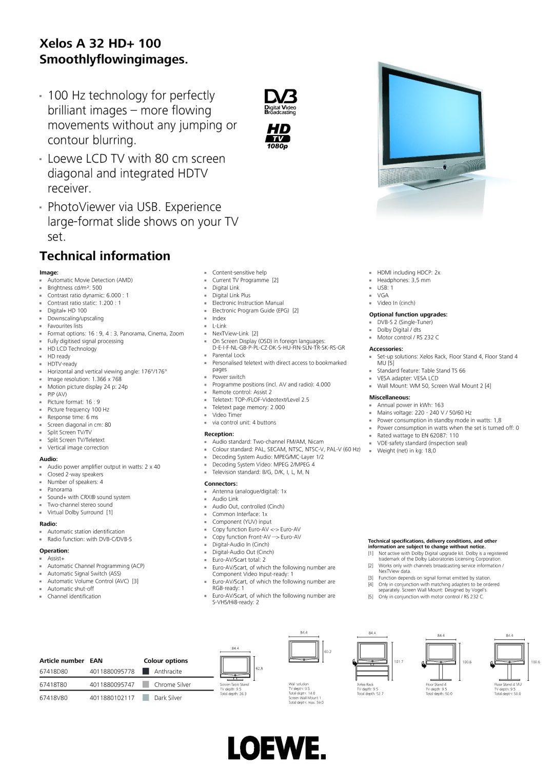 Loewe A 32 HD+ 100 technical specifications Xelos a 32 HD+ Smoothlyflowingimages, Technical information 