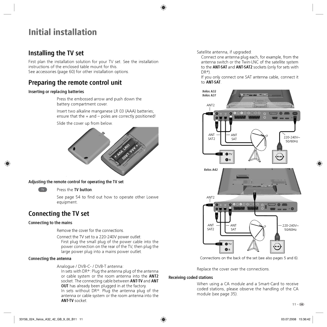 Loewe A 42 HD+ 100, A 37 Full-HD+ 100, A 37 HD+ 100, A 32 HD+ 100 manual Initial installation, Installing the TV set 