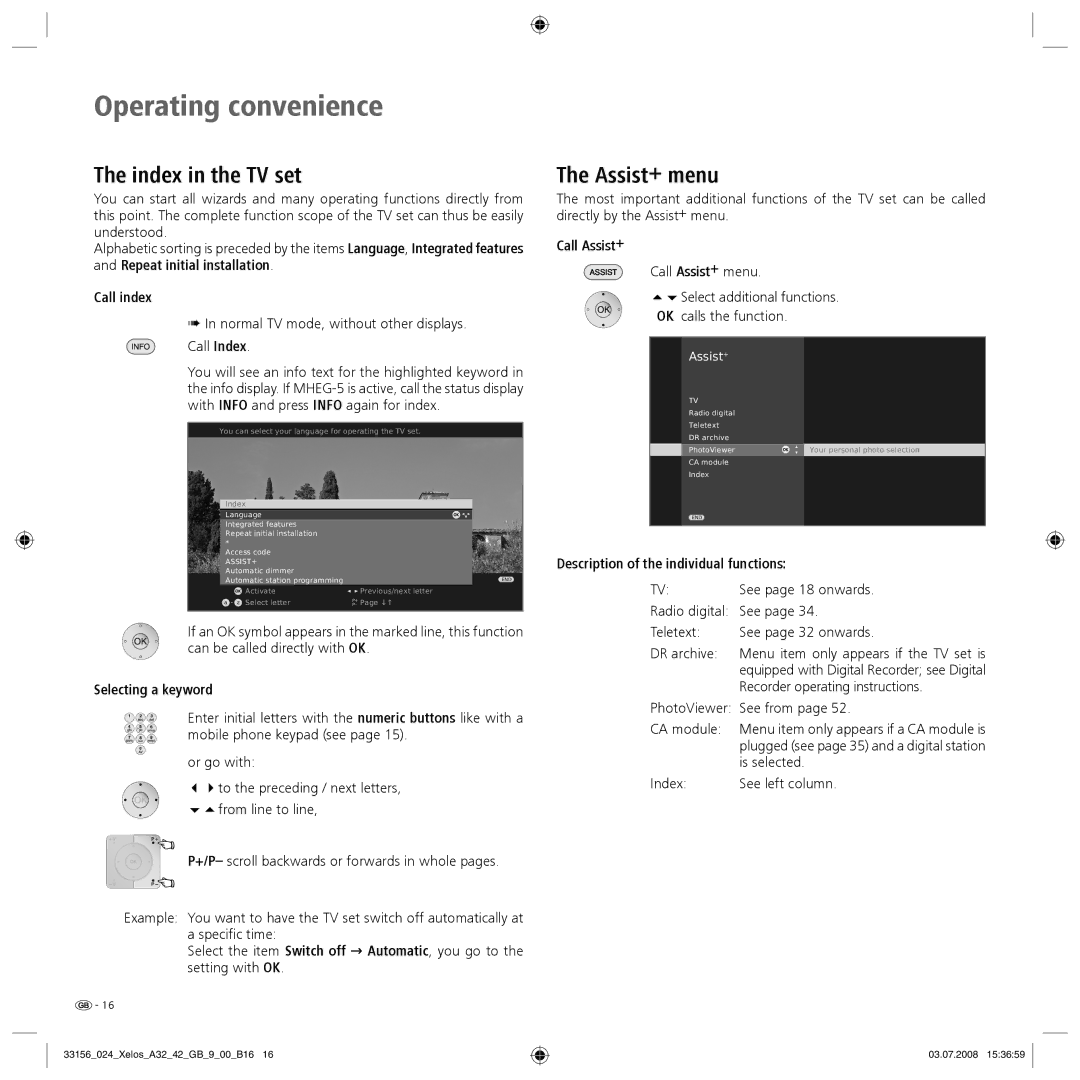 Loewe A 37 HD+ 100, A 37 Full-HD+ 100 manual Index in the TV set, Assist+ menu 