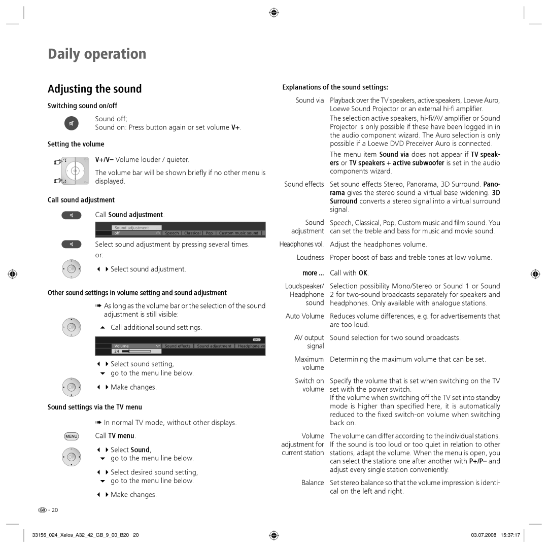 Loewe A 42 HD+ 100, A 37 Full-HD+ 100, A 37 HD+ 100, A 32 HD+ 100 manual Adjusting the sound 